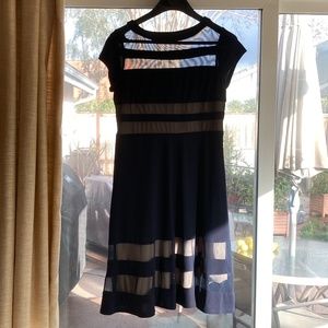 R&M Richards Navy Blue sheath dress with illusion shoulder & hem stripe. Size 8
